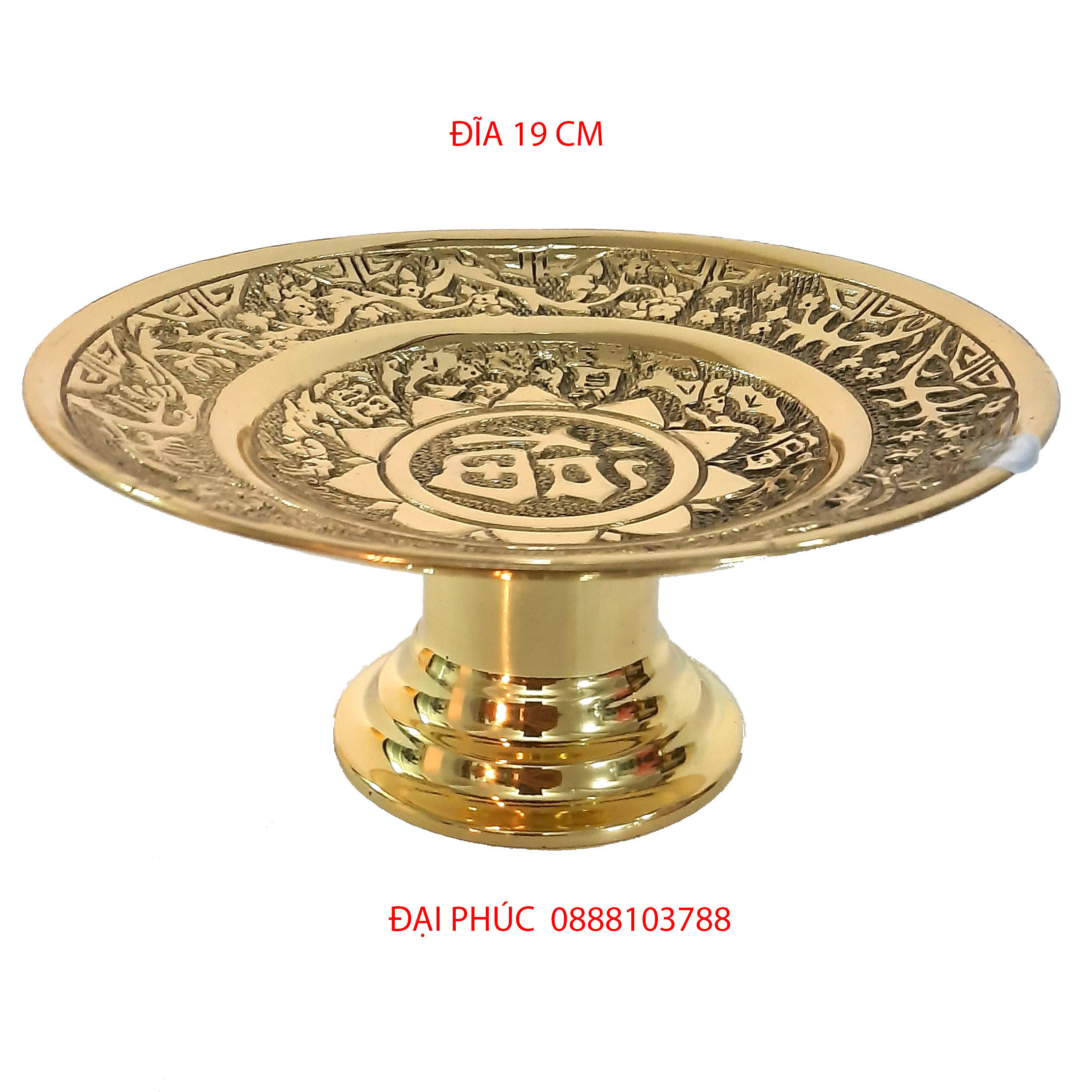 Đĩa cau chữ Phúc đường kính 19 cm màu vàng sáng bóng