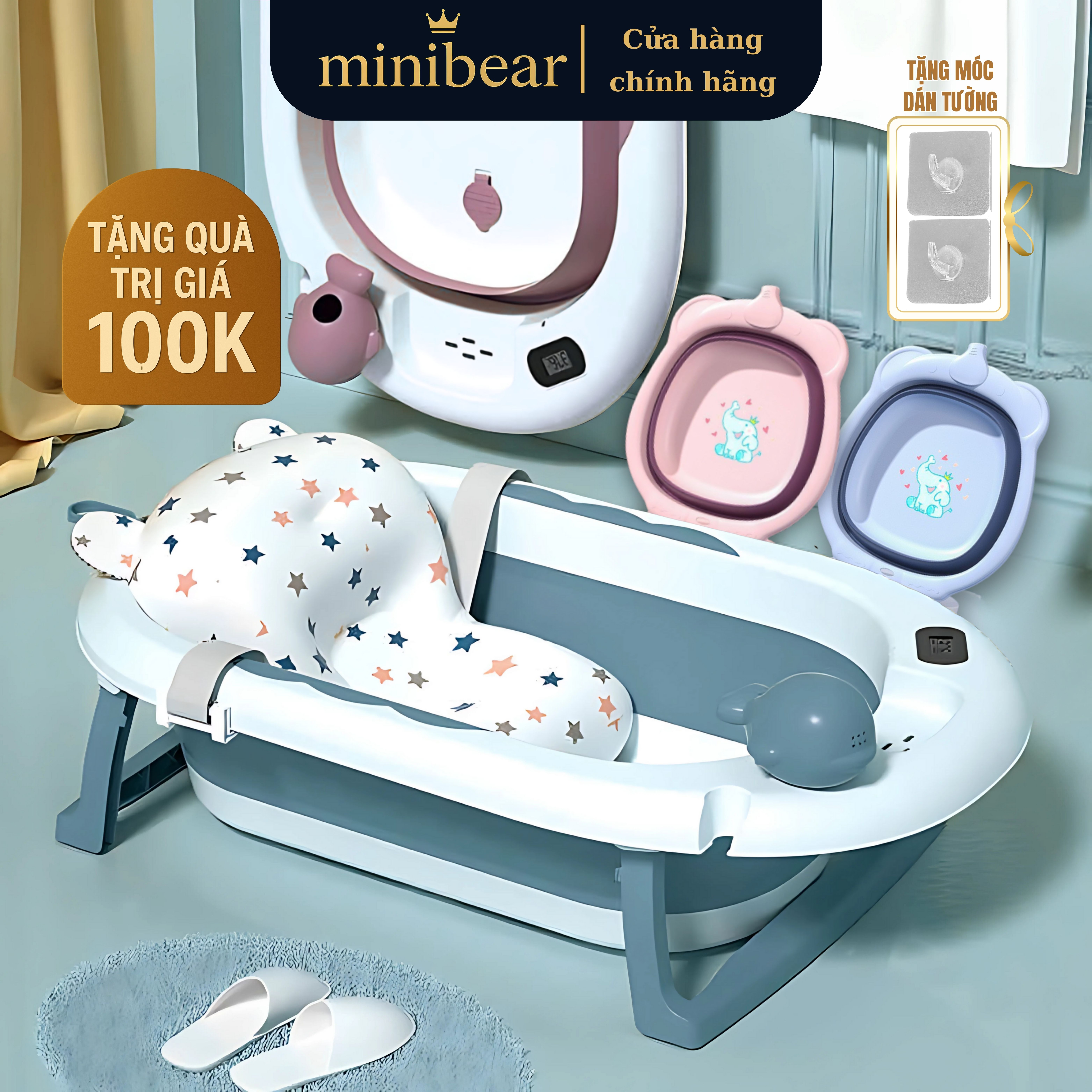  Chậu tắm gấp gọn cho bé sơ sinh MiniBear Nhật Bản kích thước lớn bé ngồi nằm thoải mái kèm quà tặng 
