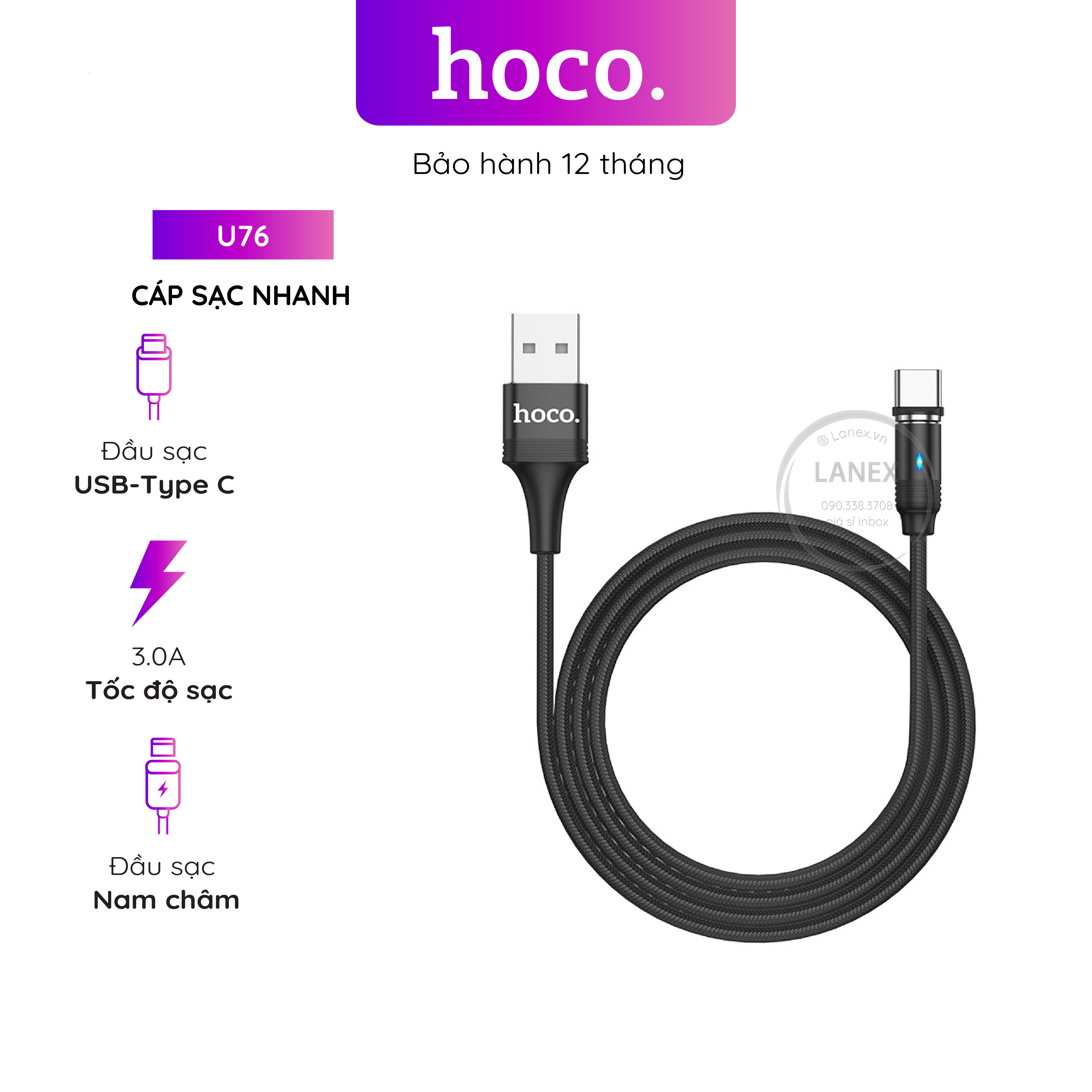 Cáp sạc nhanh hoco u76 dây dù nam châm type c 3.0a dài 1.2m