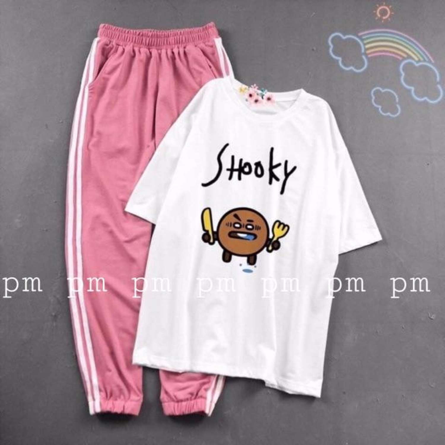 Sét áo phông Shooky bánh + quần 2 sọc hồng HARI