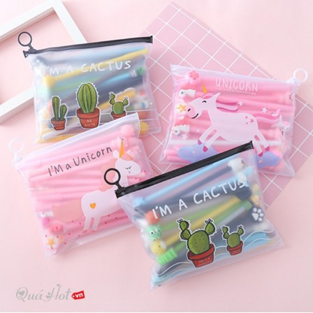 Combo 20 Bút Bi Nước Hình Thú Siêu Cute Túi Zip Unicorn
