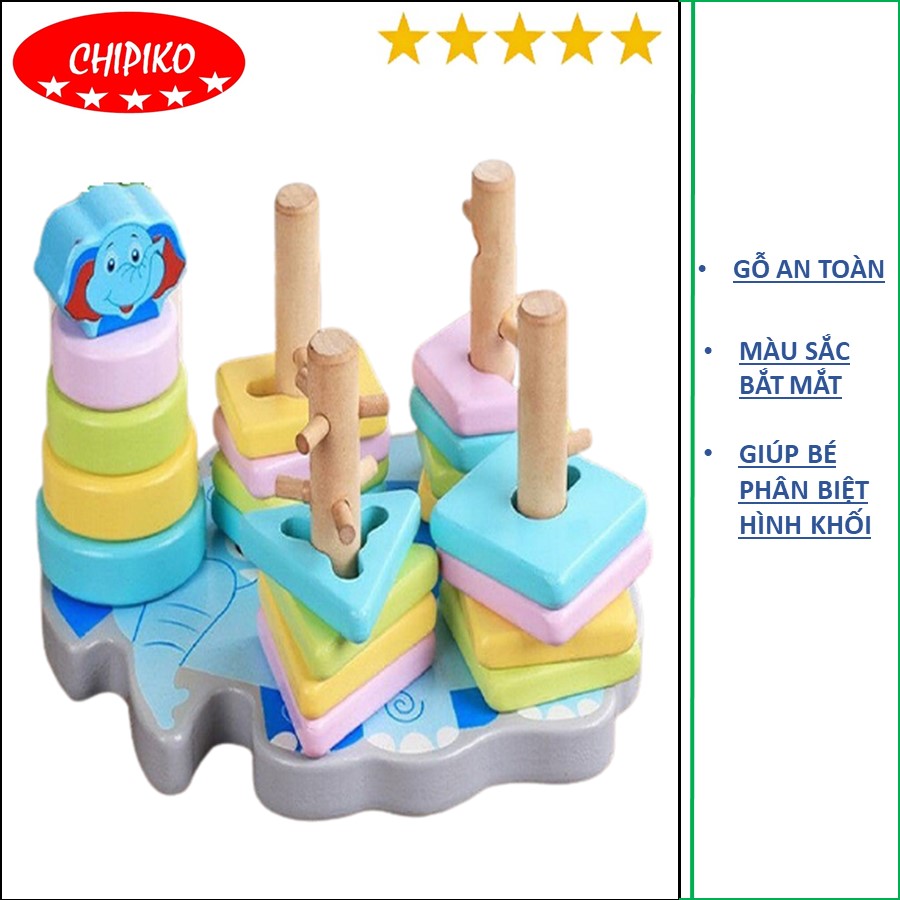 Đồ chơi gỗ bộ thả hình khối 5 cọc chú voi xanh cho bé - thả cọc ziczac chú voi xanh