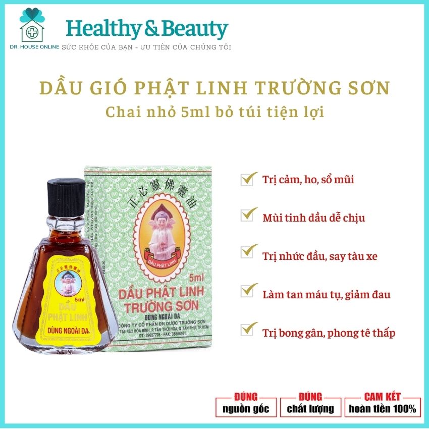 Dầu gió Phật Linh Trường Sơn chai 5ml - Dùng khi bị ho, cảm, nhức mỏi, sưng viêm, nhức đầu, đau bụng, chóng mặt. say sóng, say xe, buồn nôn – Trật gân, phong tê thấp – Dr. House Online – PLTS5ml