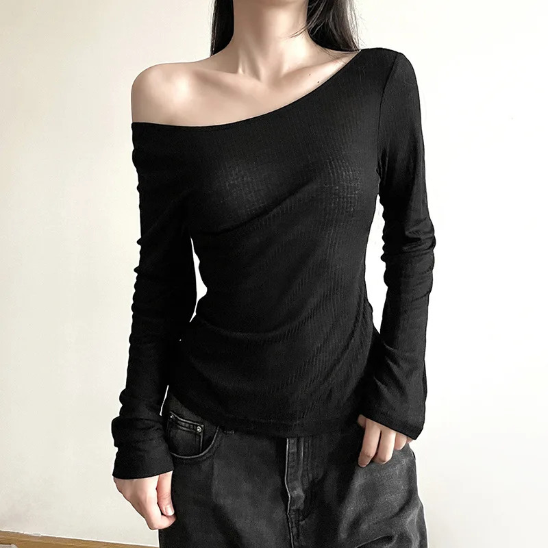 Áo hở eo dài tay cổ thuyền cho nữ áo thun có dây co giãn gợi cảm hở lưng thời trang mới mùa thu cho nữ