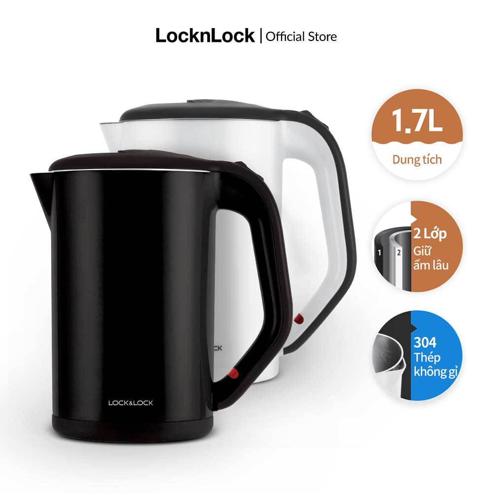 EJK738 - Bình đun nước siêu tốc LockLock Trắng/Đen 1.7L 1800W Thân ấm 2 lớp cách nhiệt - Hàng chính hãng - Bảo hành 2 năm