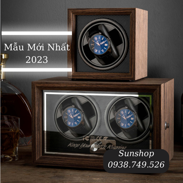 Hộp xoay đồng hồ cơ automatic gỗ ngang, hộp lắc đồng hồ cơ 1 ngang, hộp lên dây xích đồng hồ 2 ngăn