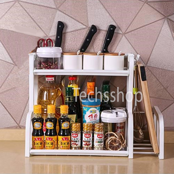 Kệ gia vị 2 tầng có khay để thớt chữ H - Kệ nhà bếp đa năng để dao kéo đũa thìa có móc treo máng