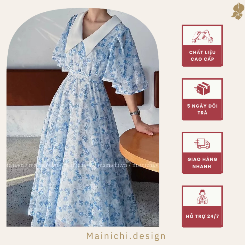 XITA DRESS_Đầm hoa xanh biển xòe rộng tiểu thư yêu kiều_mainichi.design