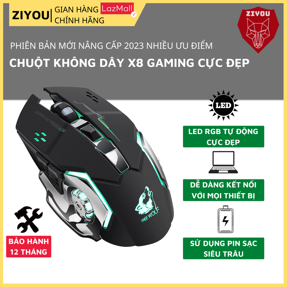 Chuột Không Dây Gaming X8 LED RGB Tự Động, Kết Nối Chuẩn 2.4GHz Siêu Nhạy, Chuột Sử Dụng Pin Sạc Thời Lượng Dùng Cực Lâu, Thiết Kế Hiện Đại, Tương Thích Với Tất Cả Các Thiết Bị Máy Tính, Laptop, Tivi - Bản Nâng Cấp 2023