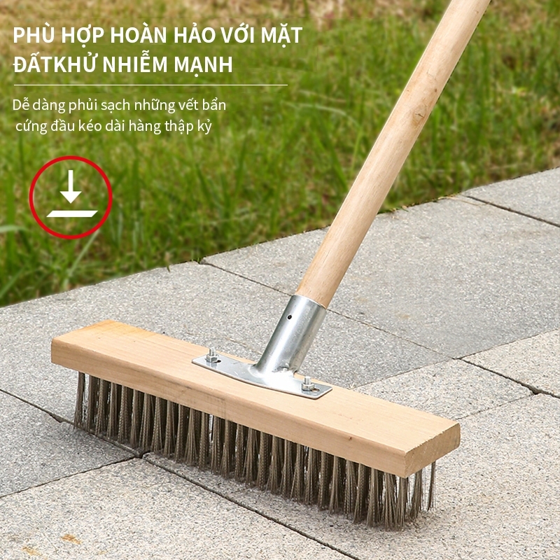 Chổi sắt chà rêu, cọ vệ sinh sàn nhà, sân vườn, vệ sinh bế bơi, hồ cá từ sợi inox không gỉ - Chổi chà sàn cán gỗ lưỡi sắt