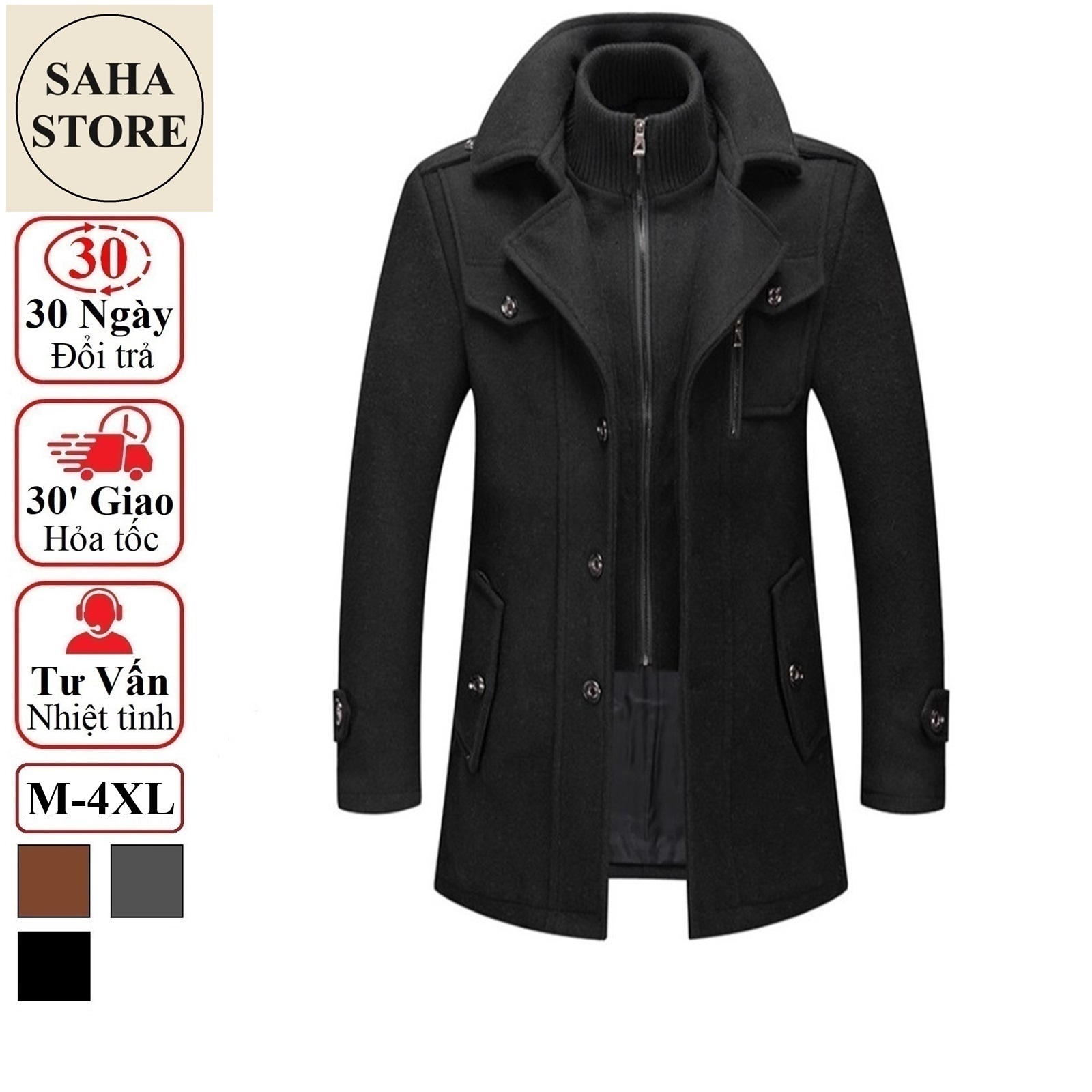  Áo khoác nam cao cấp SAHA24 dạ len lông cừu ấm big size to đại 80kg 90kg màu đen nâu xám manto măng tô dáng ngắn 