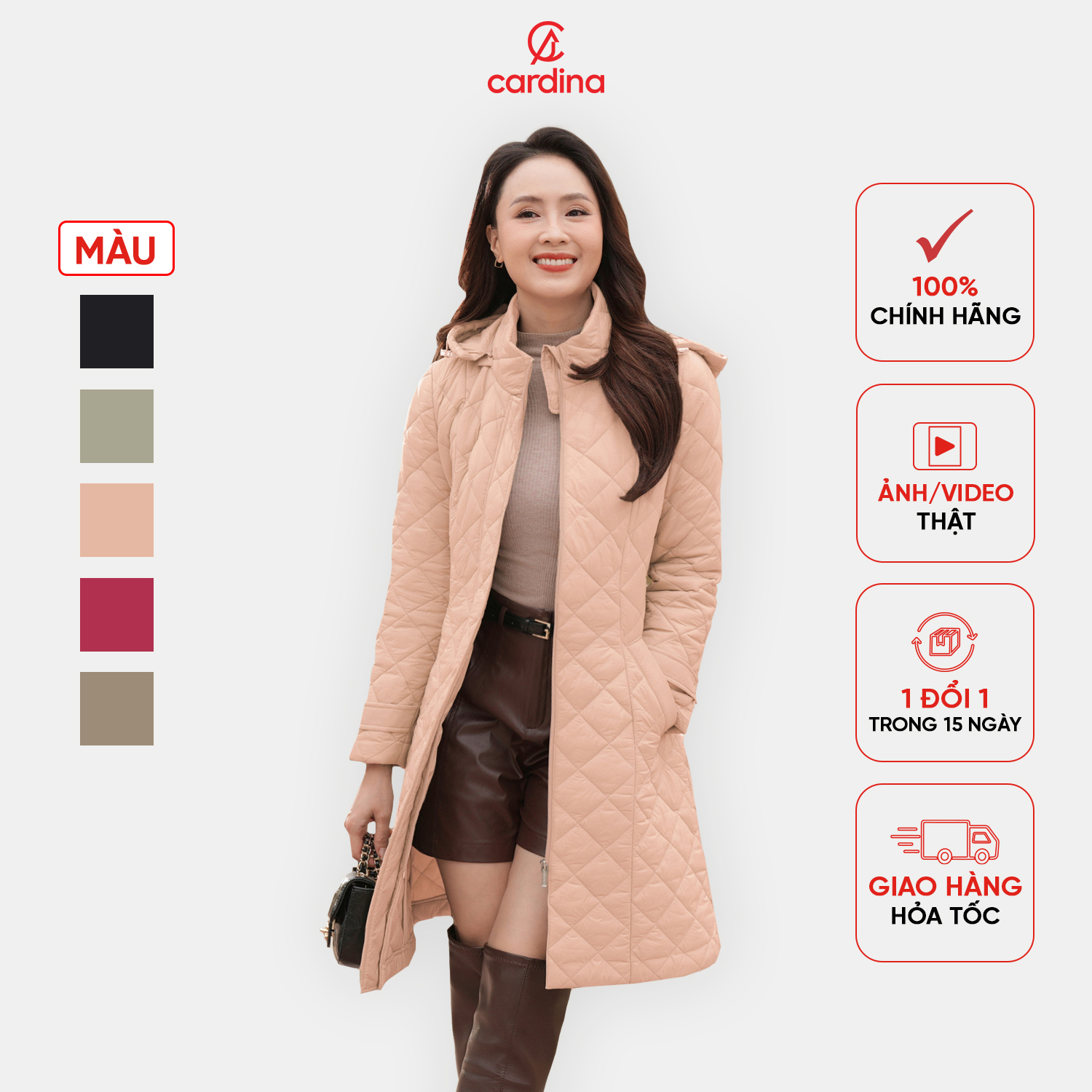  Áo phao nữ CARDINA chất liệu chần trám siêu nhẹ kiểu dáng dài sáng trọng trẻ trung giữ ấm tốt 4PDF02 