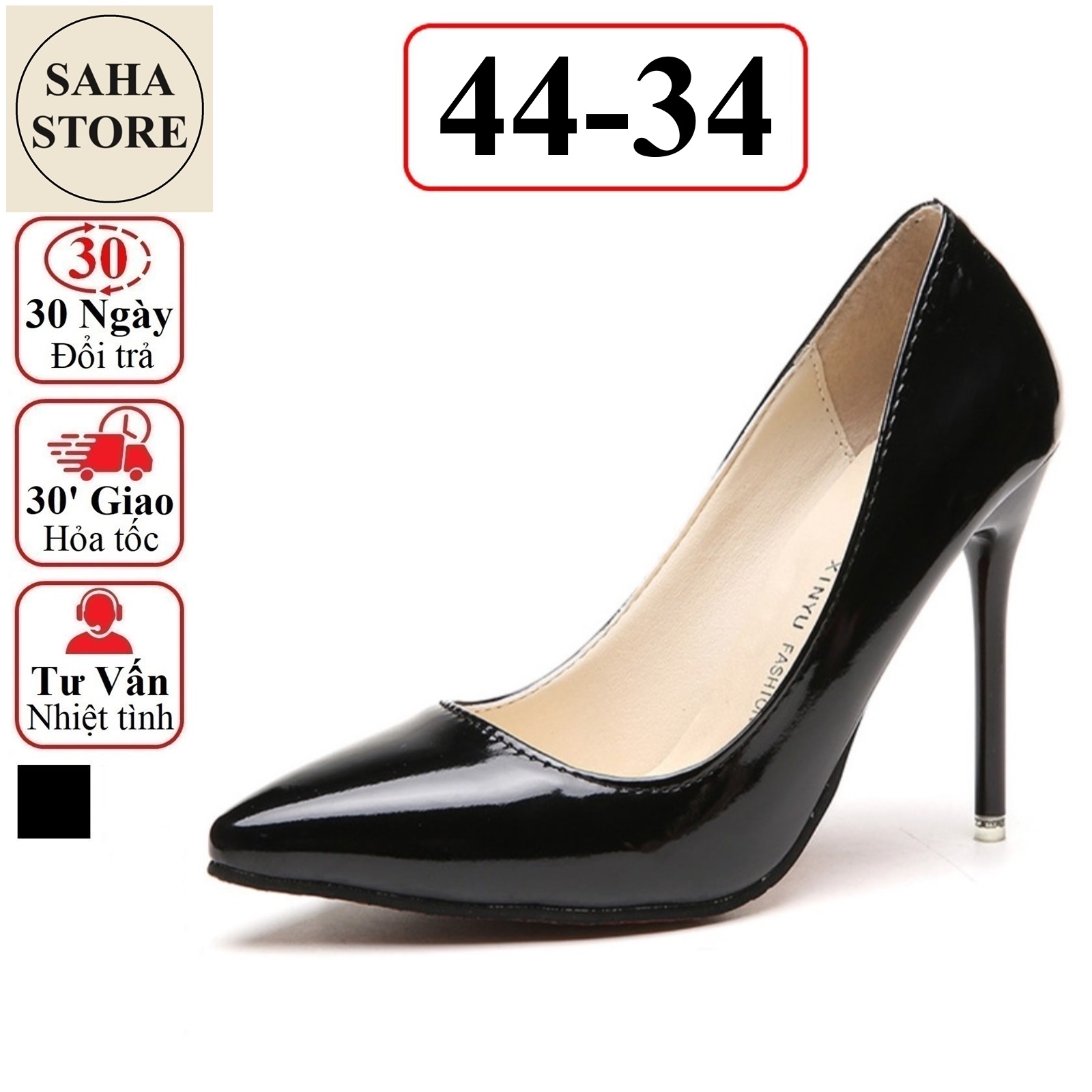 Giày nữ cao gót 10cm 7cm SAHA290 guốc bigsize 44 43 42 41 size nhỏ 34 35 đen da bóng trơn basic cỡ to đại big size lớn