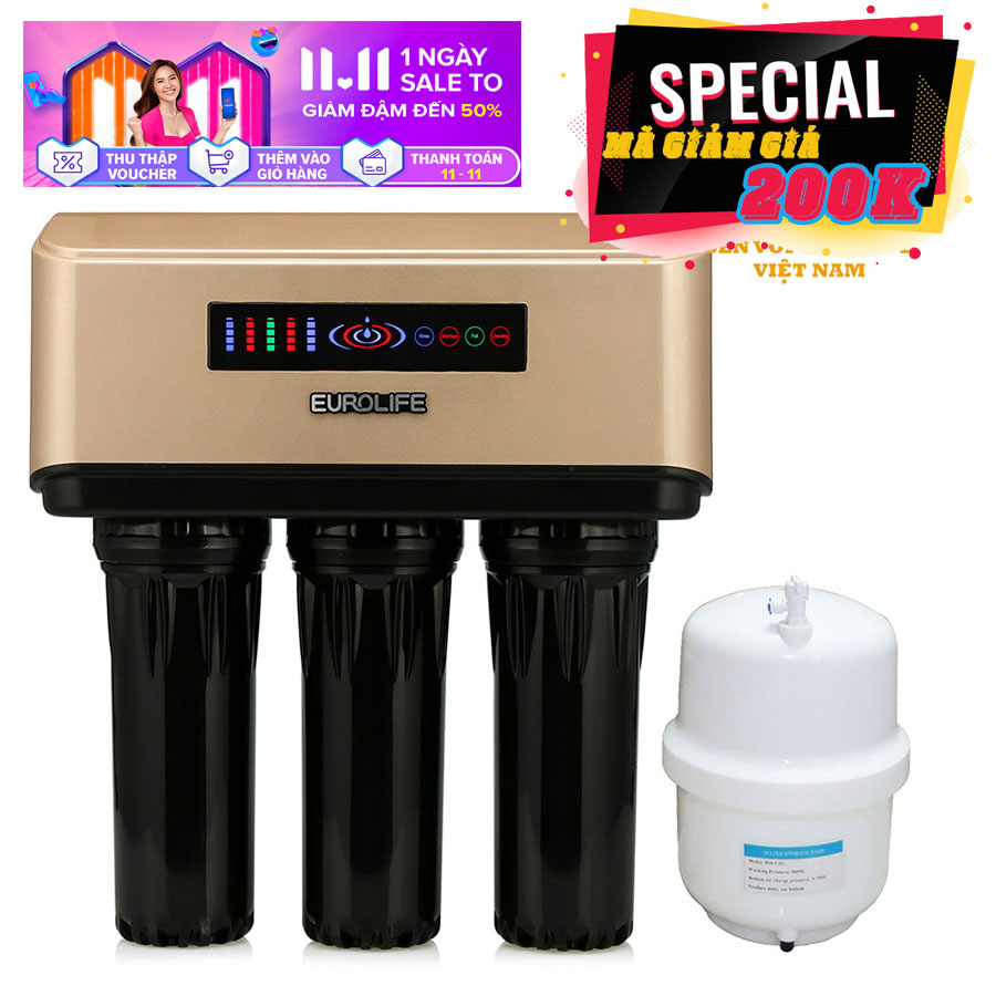 [Trả góp 0%]Máy lọc nước RO 5 cấp lọc uống trực tiếp có đèn báo thay lõi Eurolife EL-RO-600H (Đen vàng)