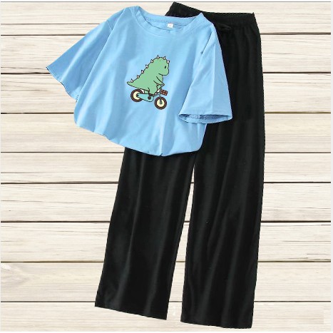 [HAN HAN SHOP 325] Sét Bộ Quần Áo Nữ Mặc Đi Chơi, Ở Nhà Áo Thun Phông Cotton Organic Ngắn Tay In Khủng Long Đi Xe Kèm Quần Rộng Sạn