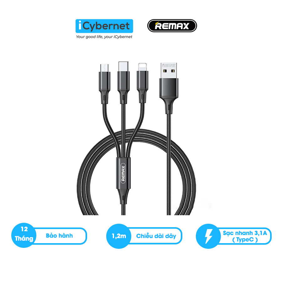 Cáp sạc 3 đầu đa năng 3 trong 1 Remax RC189th 3.1A , USB to: TypeC, Micro, Lightning, dây dù bền bỉ, phù hợp sạc nhanh tất cả các thiết bị Iphone, Adroid- Hàng chính hãng - iCybernet HN- FREESHIPMAX