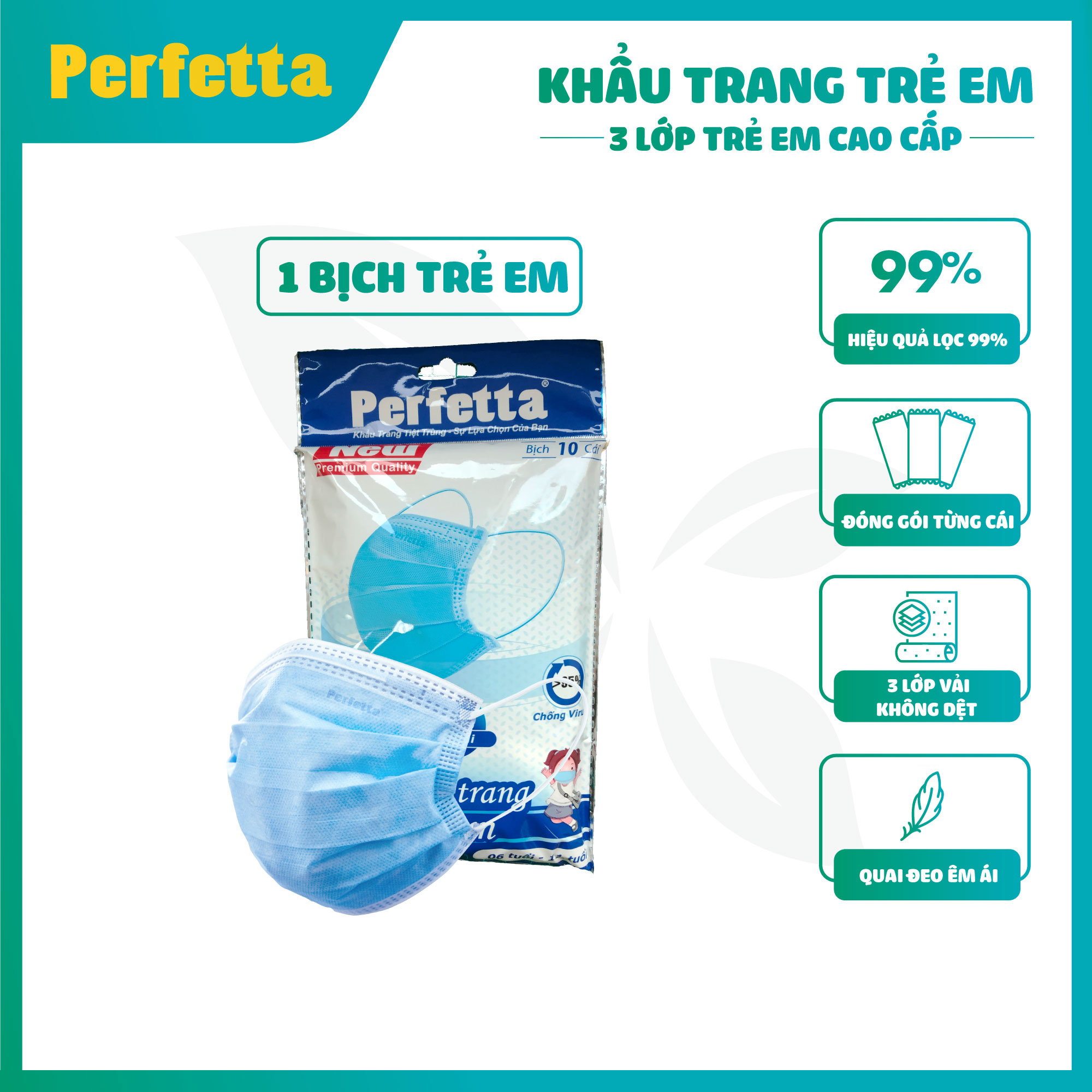 Bịch khẩu trang y tế perfetta trẻ em 10 cái màu xanh biển