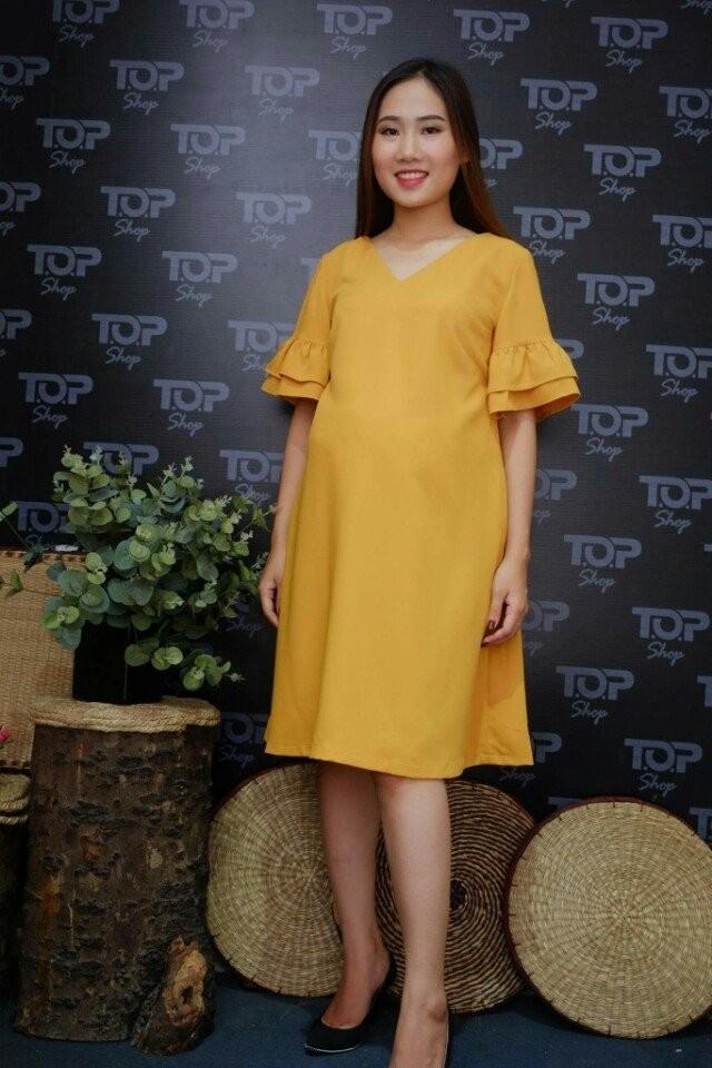 Đầm bầu suông tay loe cổ tim