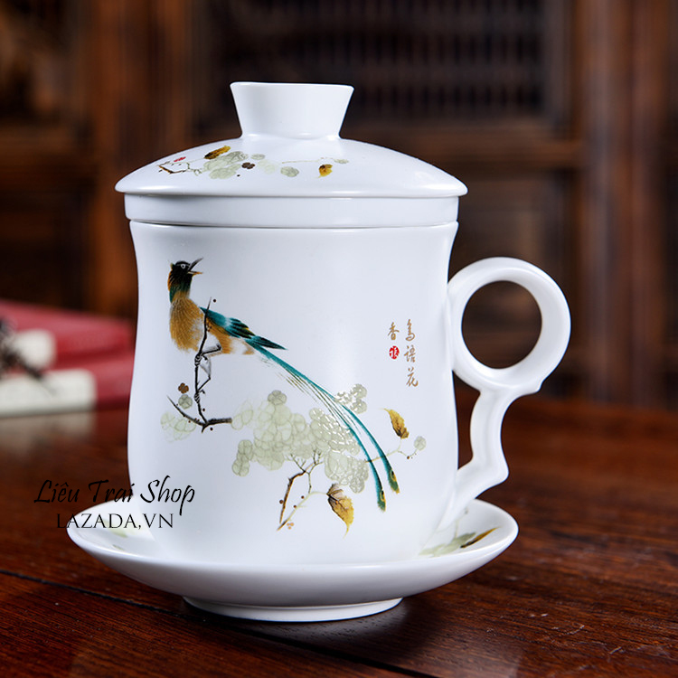 Ly cốc pha trà sứ 4 mảnh có nắp 350ml