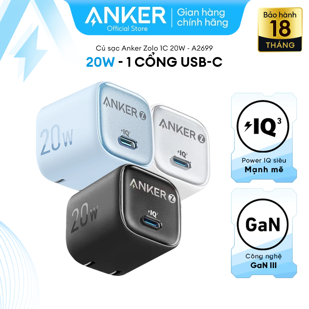 Củ sạc nhanh Anker Zolo GaN 20W 1 cổng USB-C, Power IQ 3.0 - A2699 Hỗ trợ sạc nhanh cho Iphone 8 trở lên