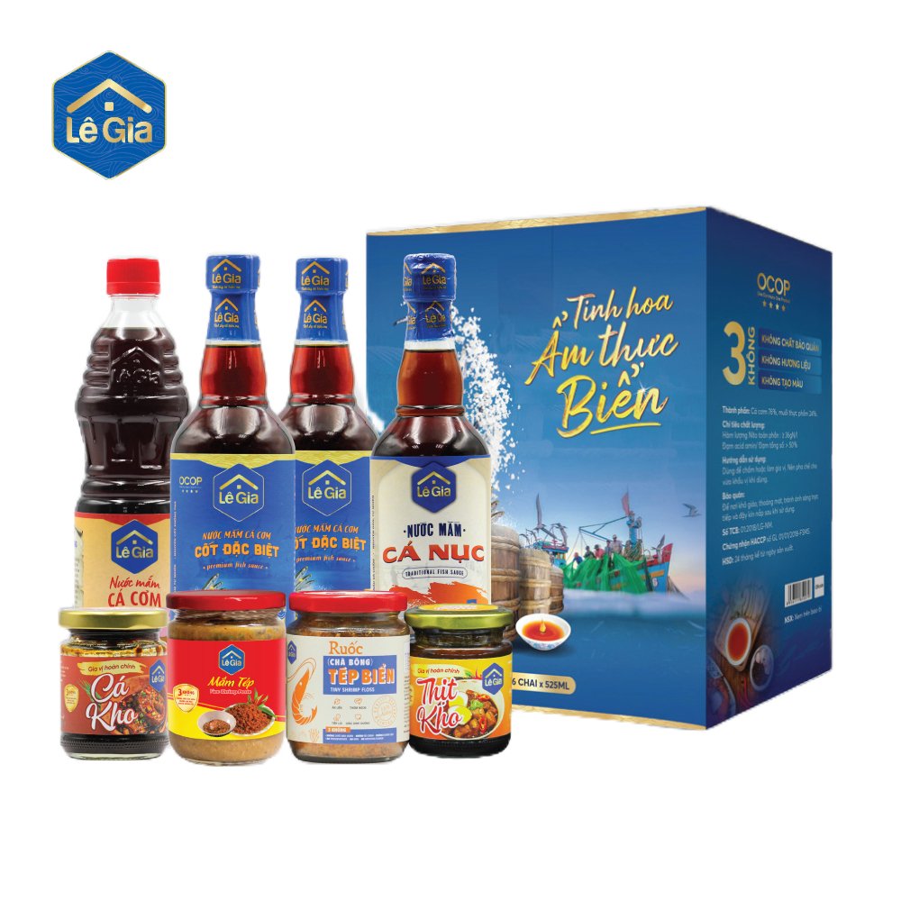 Set quà Tinh hoa ẩm thực biển 3 (2 chai nước mắm Cốt đặc biệt , 1 nước mắm cá nục, 1 ruốc tép biển, 1 nước mắm cá cơm , 1 gia vị hoàn chỉnh cá kho, 1 gia vị hoàn chỉnh thịt kho, 1 mắm tép thủy tinh