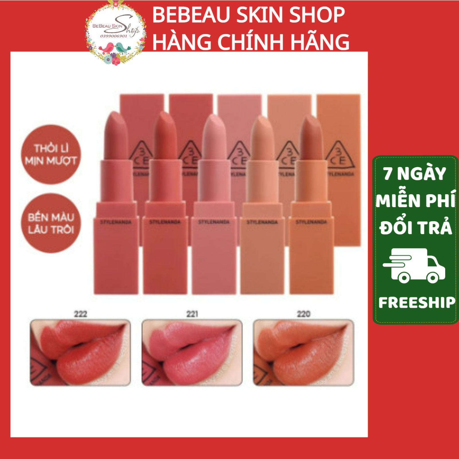 Son thỏi mịn lì 3ce lip color matte 3.5g - 3ce mood recipe 909 220 221 222 218 219 231 - bebeau