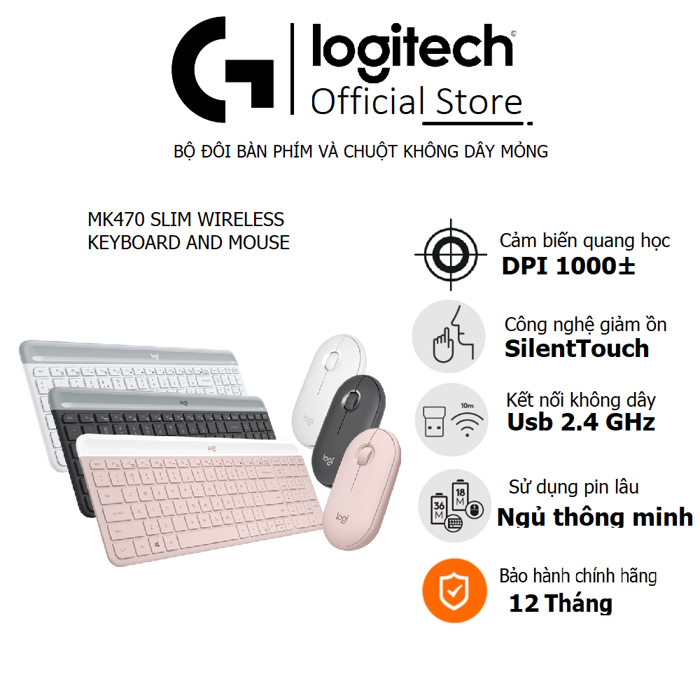 Bộ bàn phím chuột không dây Yên lặng Logitech MK470 Kết nối không dây cổng Usb, Pin lâu, Thiết kế mảnh gọn