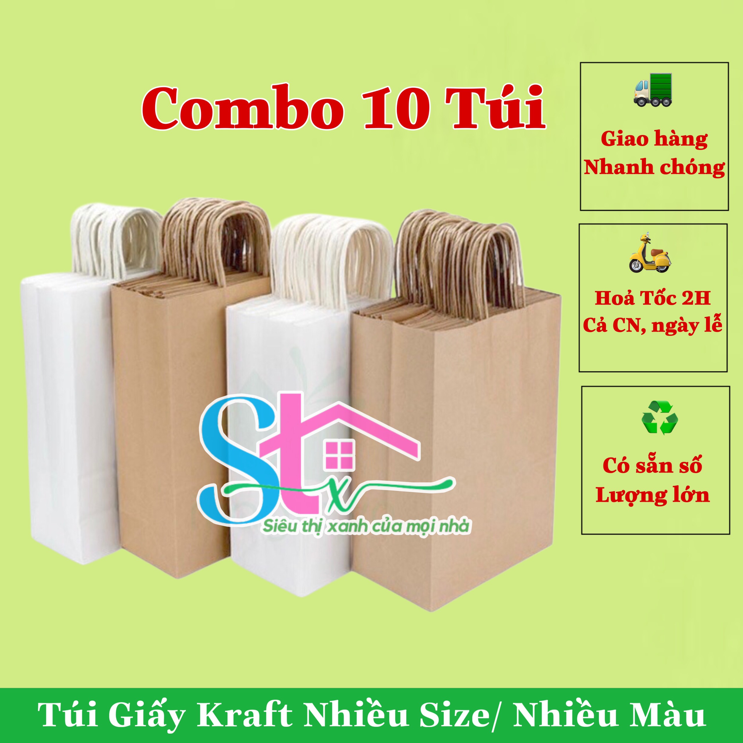 Combo 10 túi giấy kraft có quai cao cấp dày và cứng cáp, túi kraft bảo vệ môi trường, túi đựng quà, túi giấy xi măng