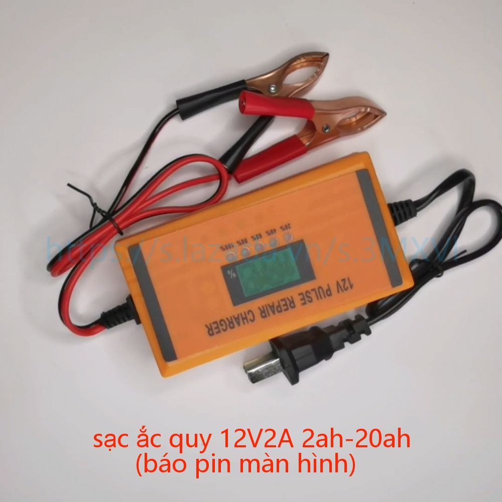 bộ sạc bình ác quy tự động ngắt 12v2A 2Ah-20Ah sạc acquy xe máy, xe ô tô,(màn hình báo đầy)