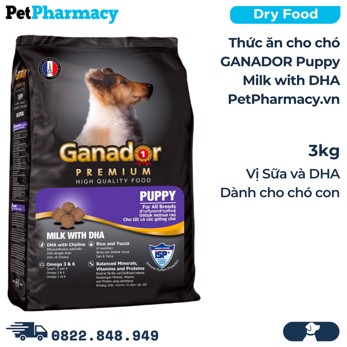 Thức ăn chó GANADOR Puppy 3kg - Milk with DHA