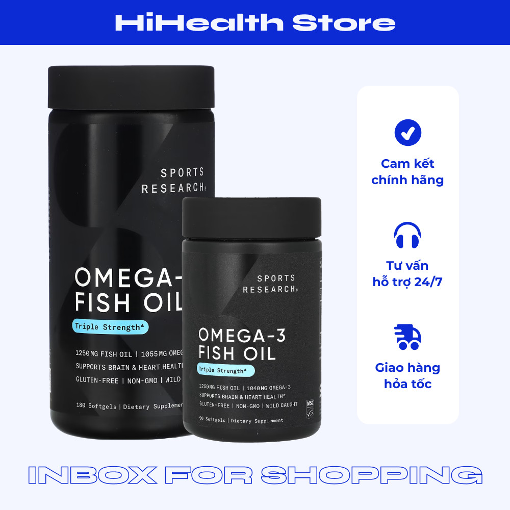 Dầu cá Sports Research Omega-3 Triple Strength hỗ trợ sức khỏe tim mạch, não bộ 90/180 viên Chính Hãng Mẫu Mới