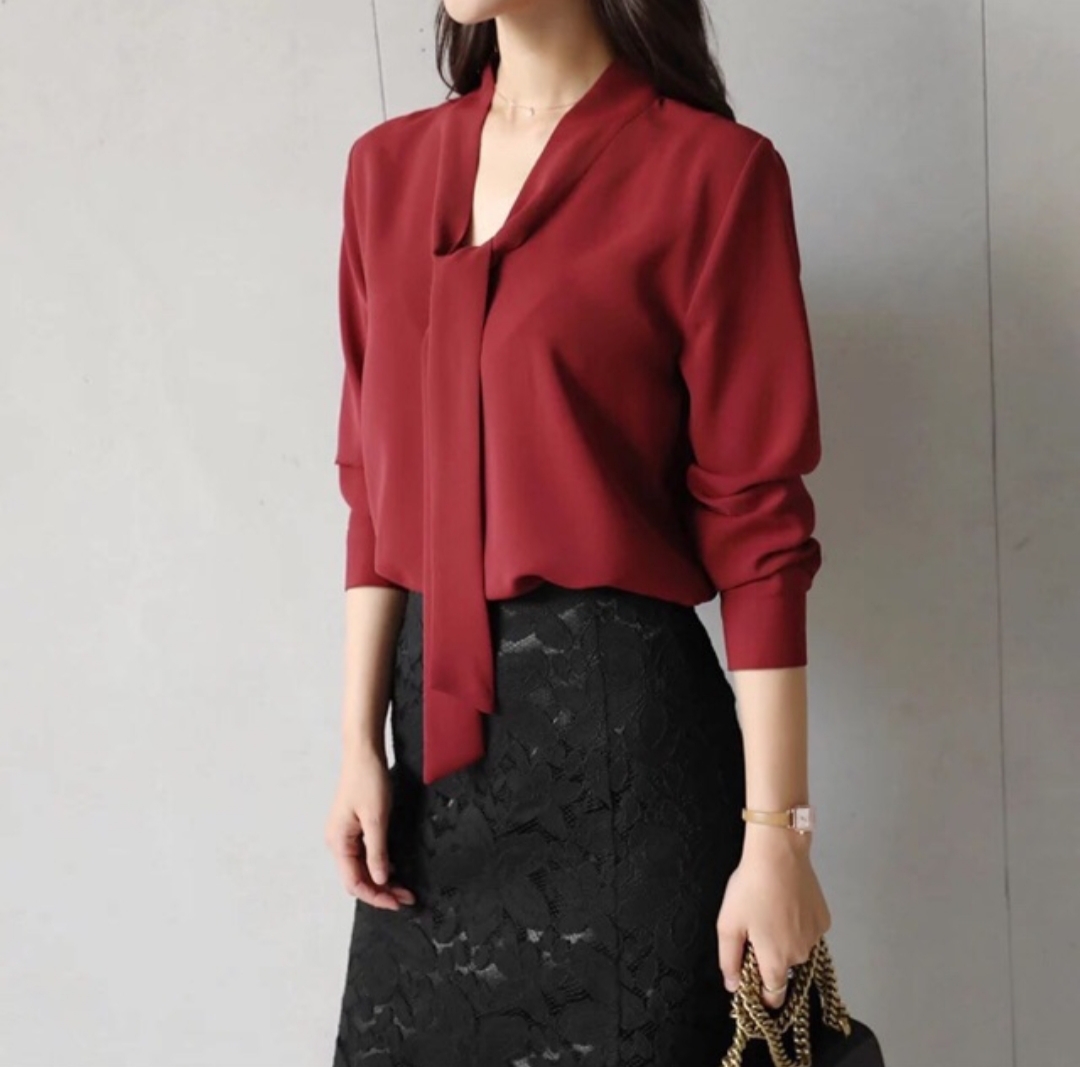 [HCM]Áo sơ mi nữ thắt nơ trước cao cấp kiểu Hàn Quốc 2 màu: Trắng Đỏ đô