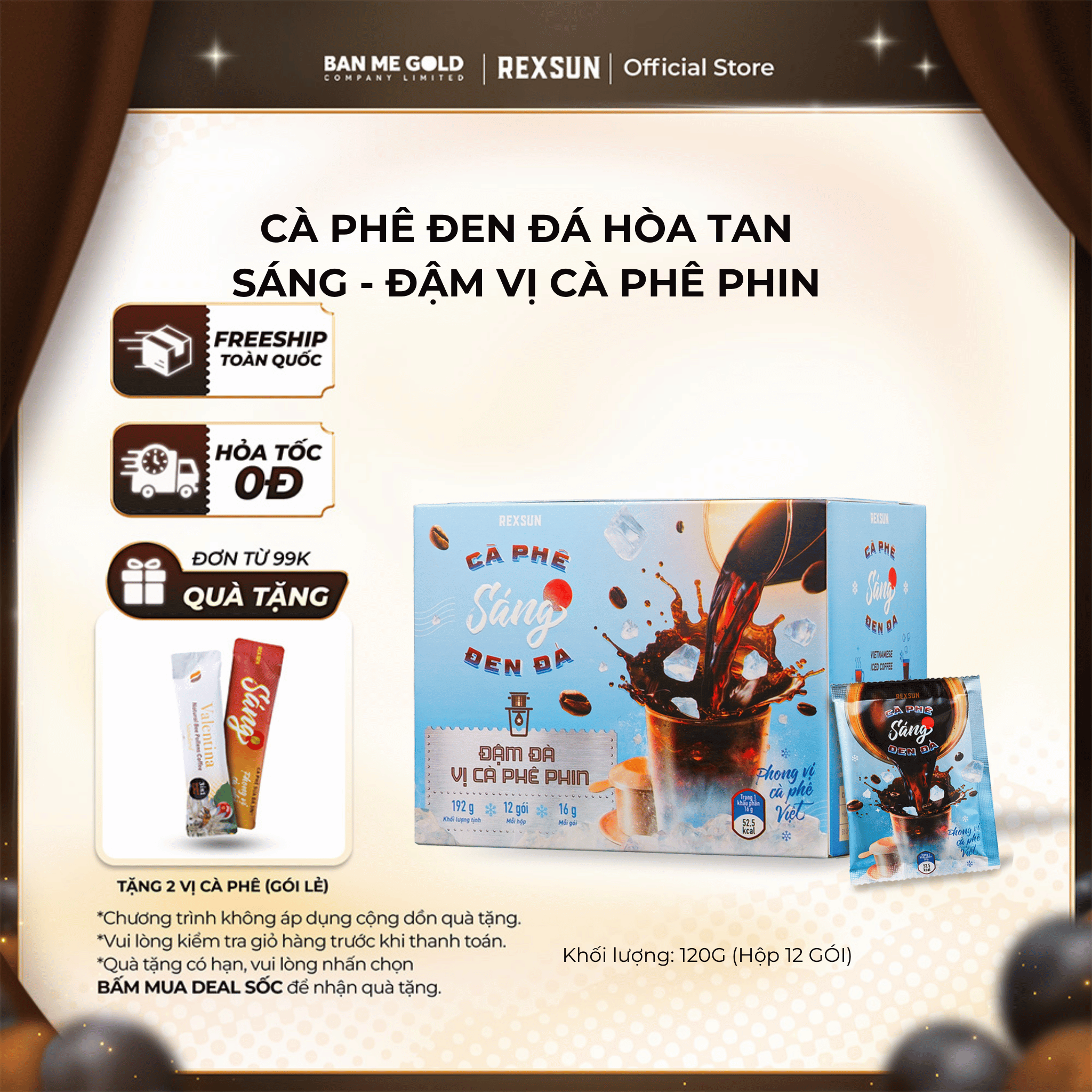 TẶNG QUÀ Cà Phê Đen Đá Hoà Tan 2in1 Đắng Đậm - Hộp 120g 12 Gói - Cafe Đen Đá Vị Cà Phê Phin Chính Hãng Ban Me Gold - Rexsun