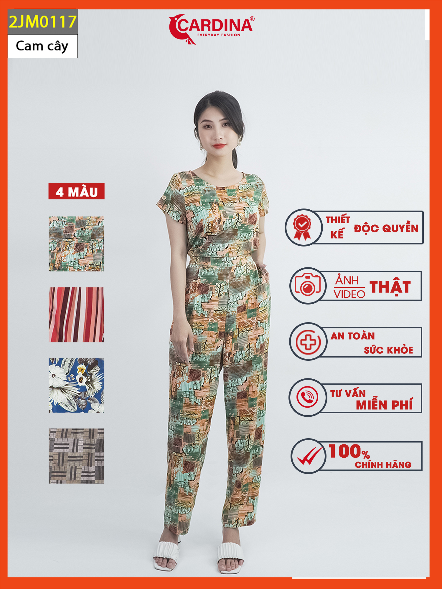 Đồ bộ Nữ CARDINA Chất Lụa Mango Cao Cấp Đồ Bay Jumpsuit Tay Áo Cộc Tay Quần Dài Họa Tiết 2JM01