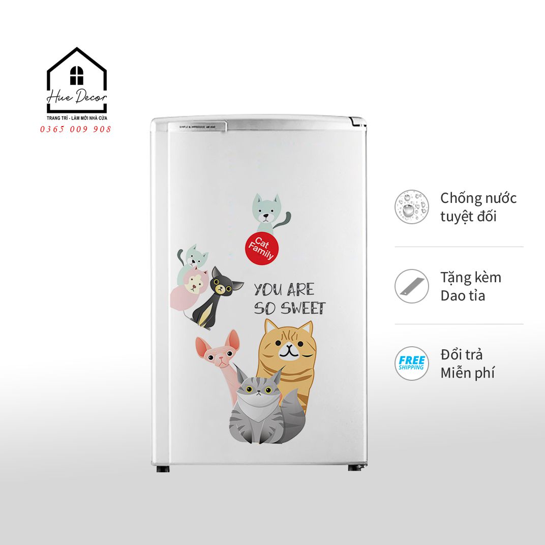 Decal dán tủ lạnh mini, giấy dán tủ lạnh mini hue decor họa tiết  gia đình mèo dễ thương chống nước sẵn keo, siêu bền giá tốt, nhận thiết kế theo yêu cầu