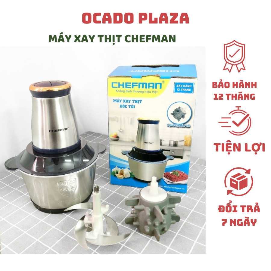Máy xay thịt cá giò chả, máy xay thực phẩm CHEFMAN cối xay thịt inox đa năng dao 4 lưỡi cối 2 lít