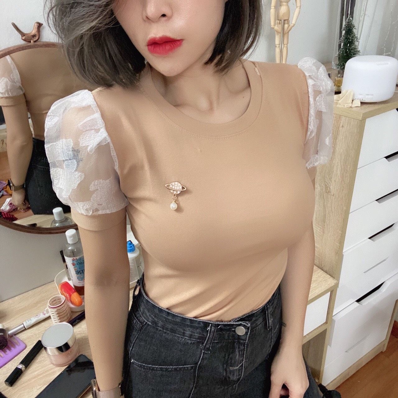 Áo thun tay voan kết hoa hồng cao cấp