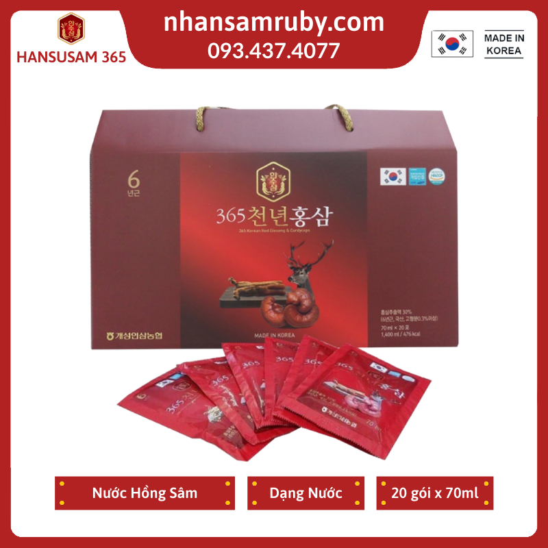 [HCM] Nước Hồng Sâm Nhung Hươu Linh Chi 365 Hansusam Hàn Quốc  Hộp 20 gói x 70ml ( Date 10/2026)