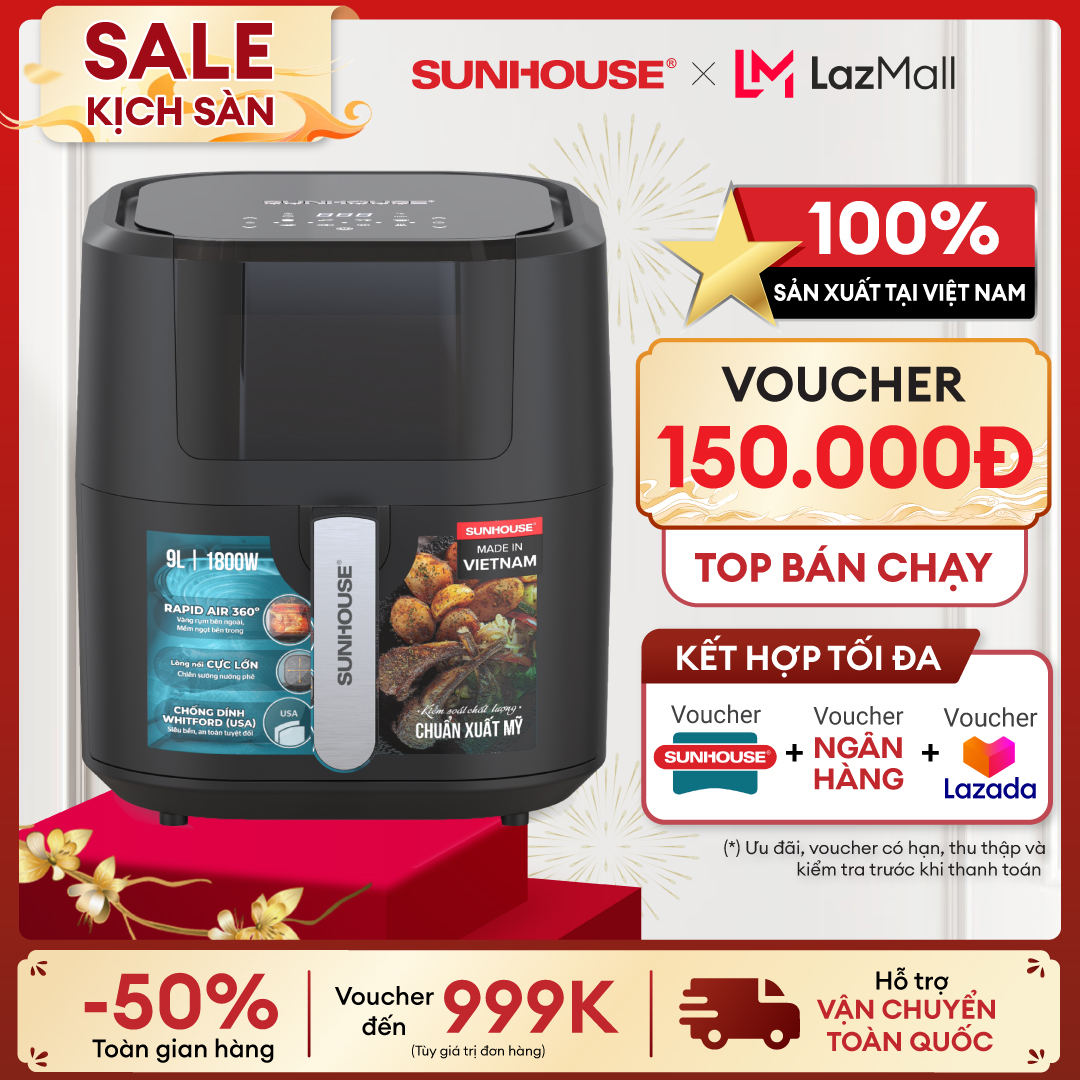 Nồi chiên không dầu 9l sunhouse shd4089- công suất 1800w - bảo hành 12 tháng
