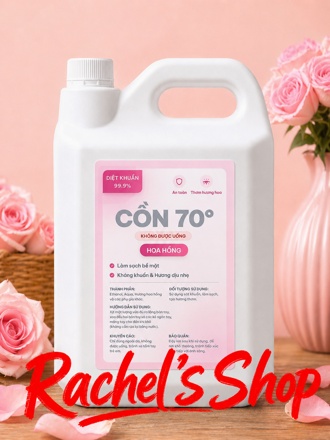 Dung dịch cồn sát khuẩn nhanh 70 độ can 5 lít hương hoa hồng Sản phẩm làm sạch, kháng khuẩn, khử mùi