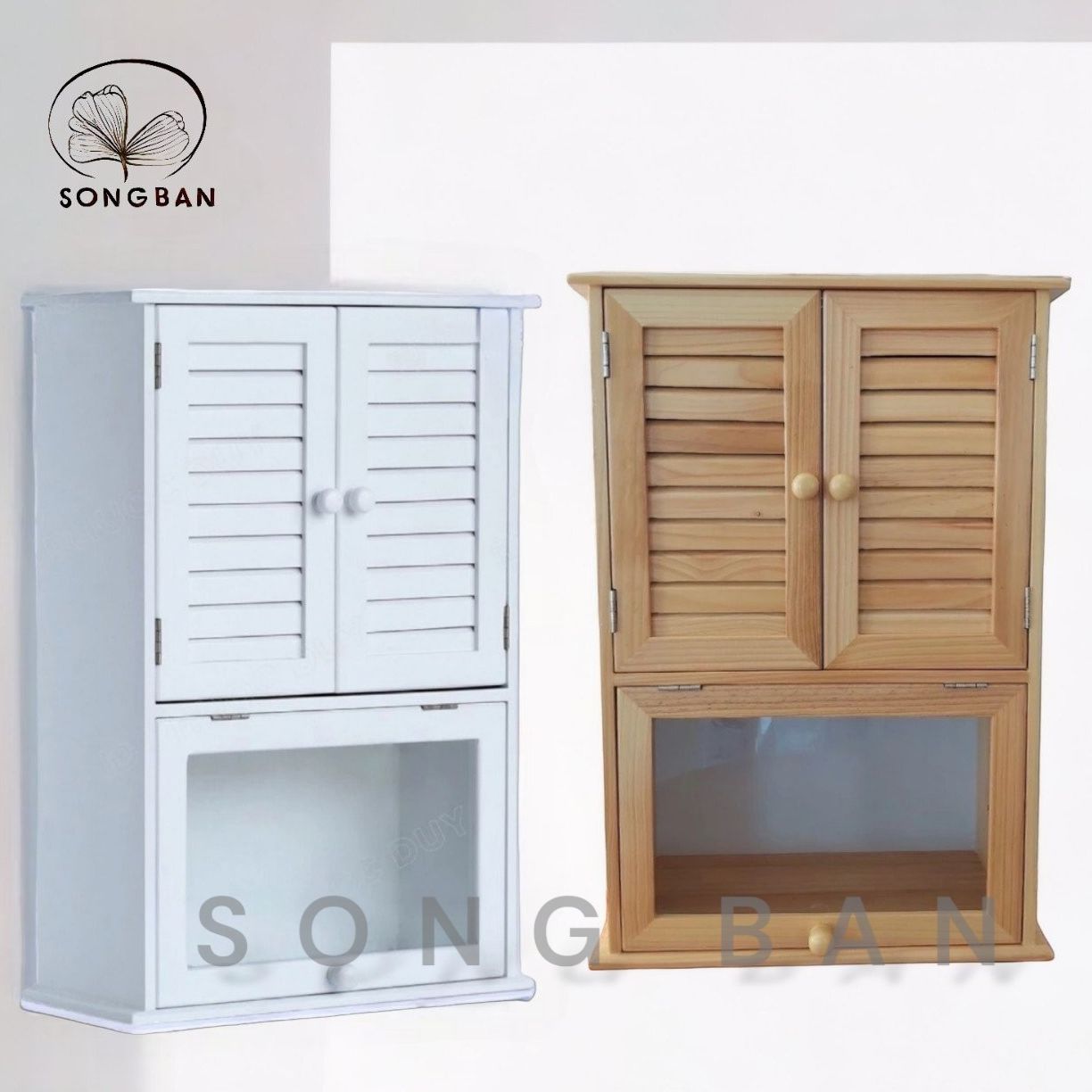 Tủ thuốc gỗ nhiều màu, tủ lưu trữ đồ dùng 2 cánh có hộp kính mở treo tường - hàng vn xuất khẩu