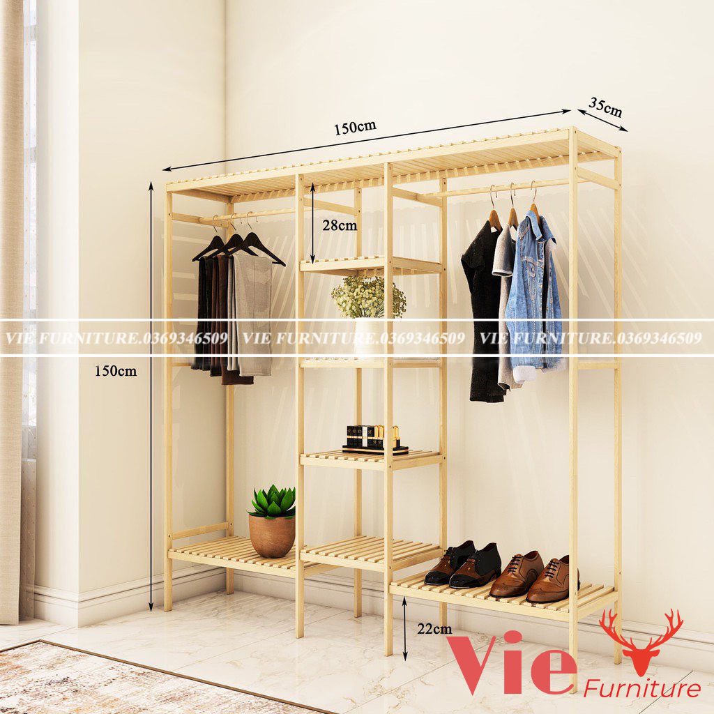 TỦ , KỆ TREO QUẦN ÁO 3 BUỒNG - GỖ THÔNG TỰ NHIÊN - Màu Vân Gỗ Tự Nhiên