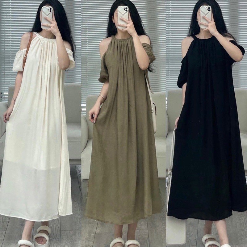Váy suông đũi nhăn khoét vai dáng dài cộc tay