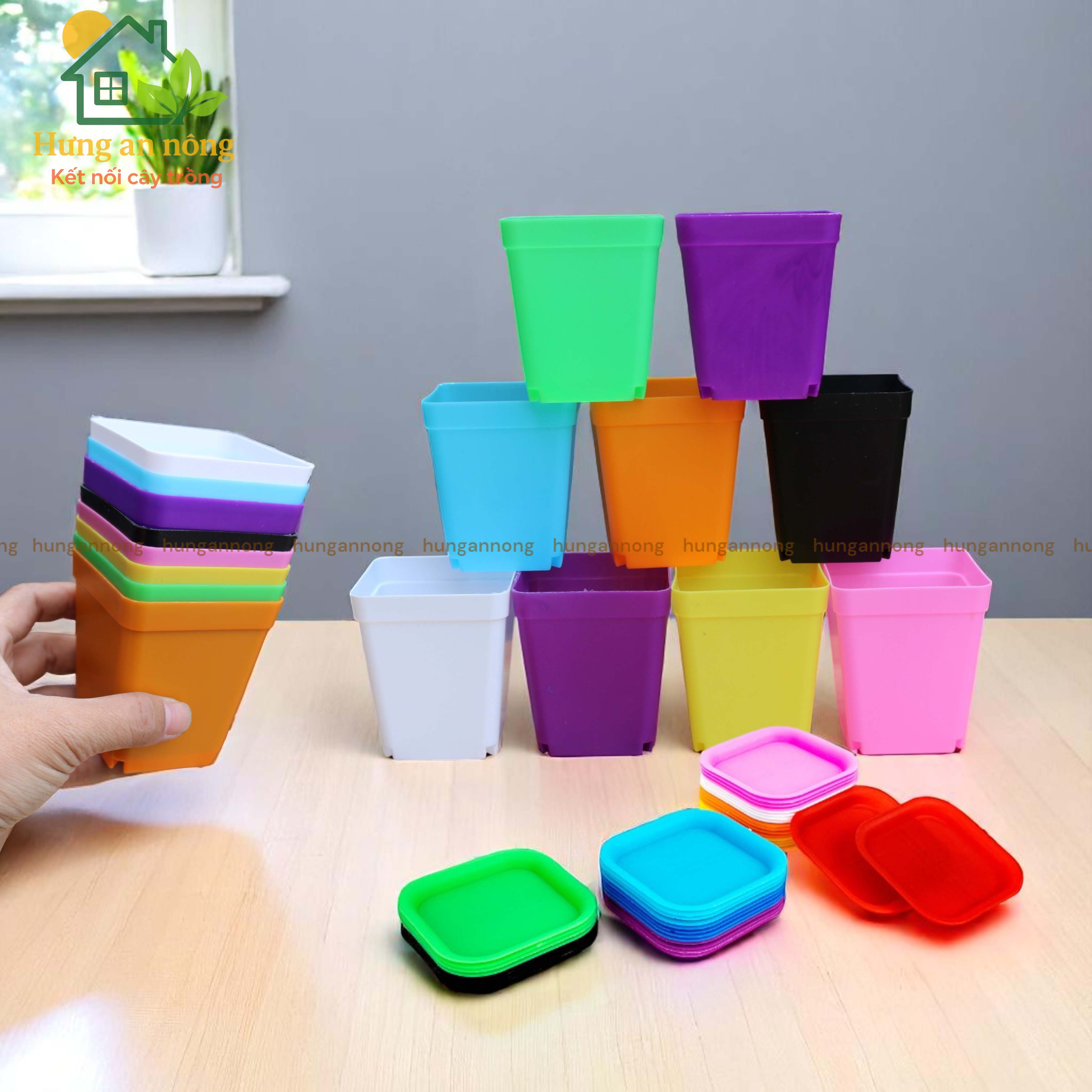 CDL1 - Sét 5 chậu + dĩa lót trồng sen đá xương rồng bonsai cây để bàn nhựa PP size chậu 7x7x8cm