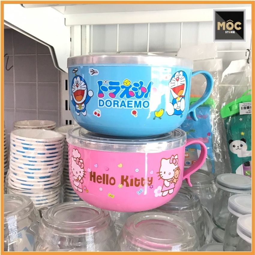 [TẶNG MUỖNG] TÔ ĂN MÌ , HÌNH THÚ... CÓ NẮP ĐẬY, ca mì có quai cầm lõi inox 2 lớp cách nhiệt chống nóng kèm nắp và thìa, Mộc Shop Saigon, 15cm, tô ăn cháo, ăn phở cho bé hình mèo máy doremon, 800ml, hàng đẹp giá rẻ