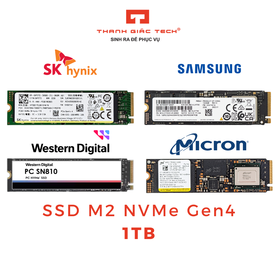 Ổ Cứng SSD 1TB M2 NVMe Gen4 x4 Samsung / SK hynix / Western Digital / Micron - Bảo Hành 3 Năm