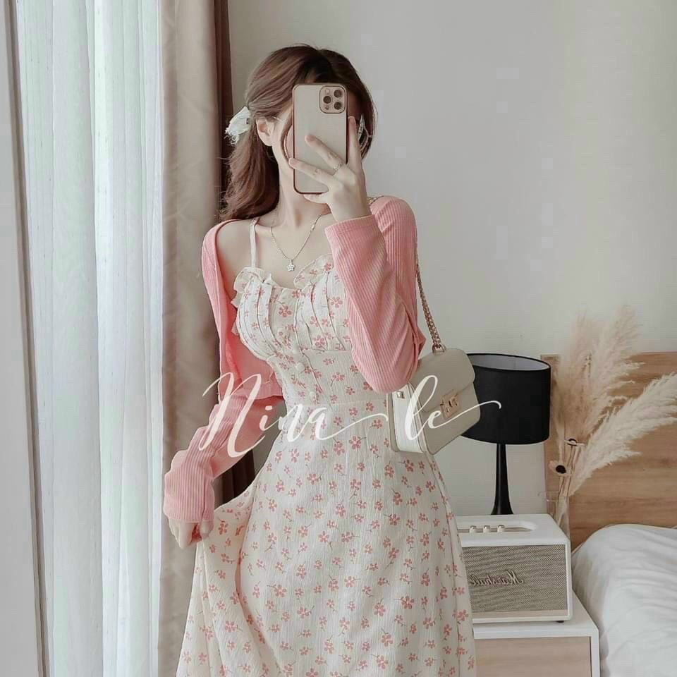 [Voucher 50k Freeship Max 0 đồng toàn quốc] Set đầm tiểu thư hoa nhí Hàn Quốc mùa hè đầm hai dây dáng suông dài đầm vintgae phối áo khoác nhẹ thanh lịch áo khoác cadigan màu pastel xinh xắn DX