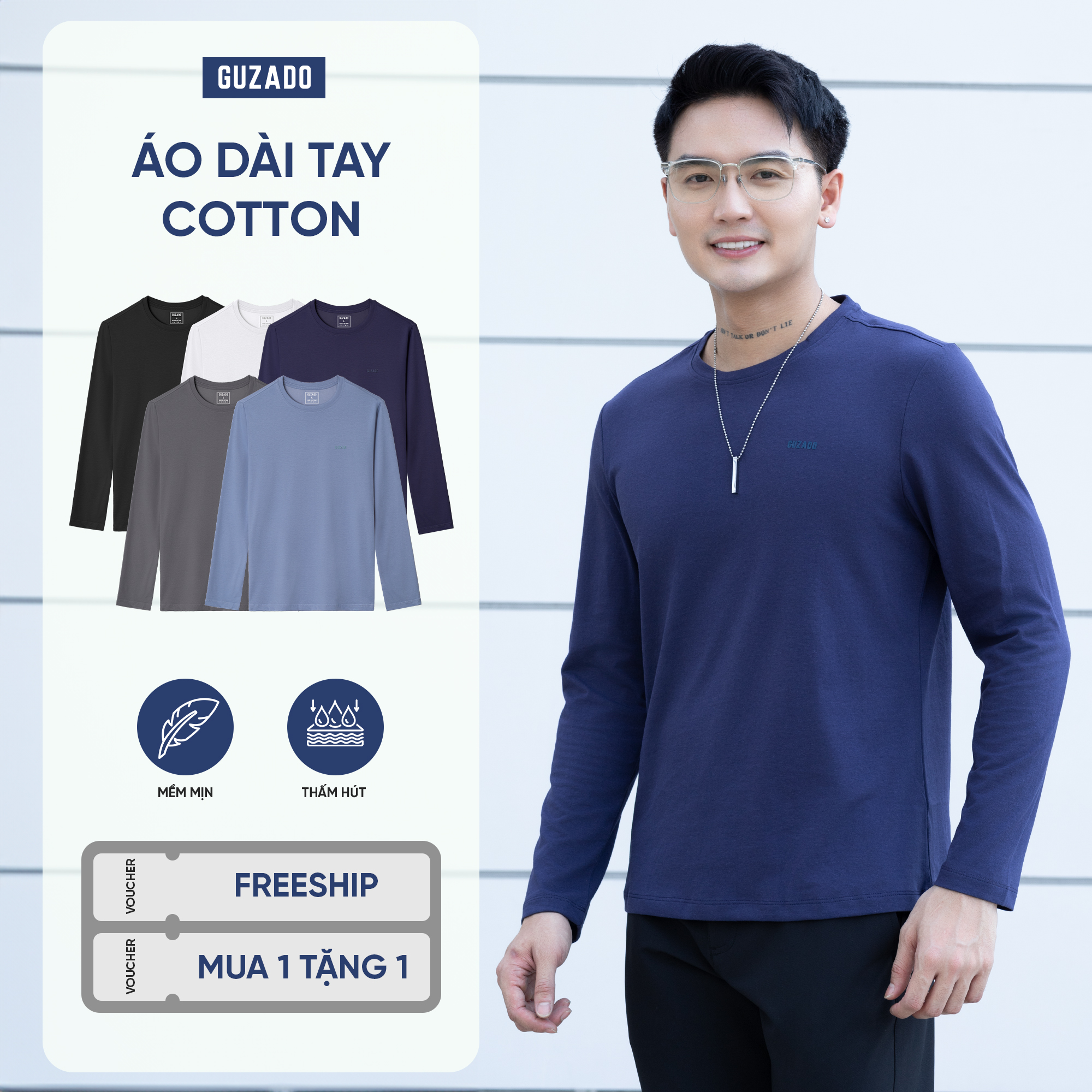 Combo 2 Áo Thun Dài Tay GUZADO Chất Vải Cotton Giữ Nhiệt Hiệu Quả Form Dáng Thể Thao Năng Động Dễ Phối Đồ GDT03