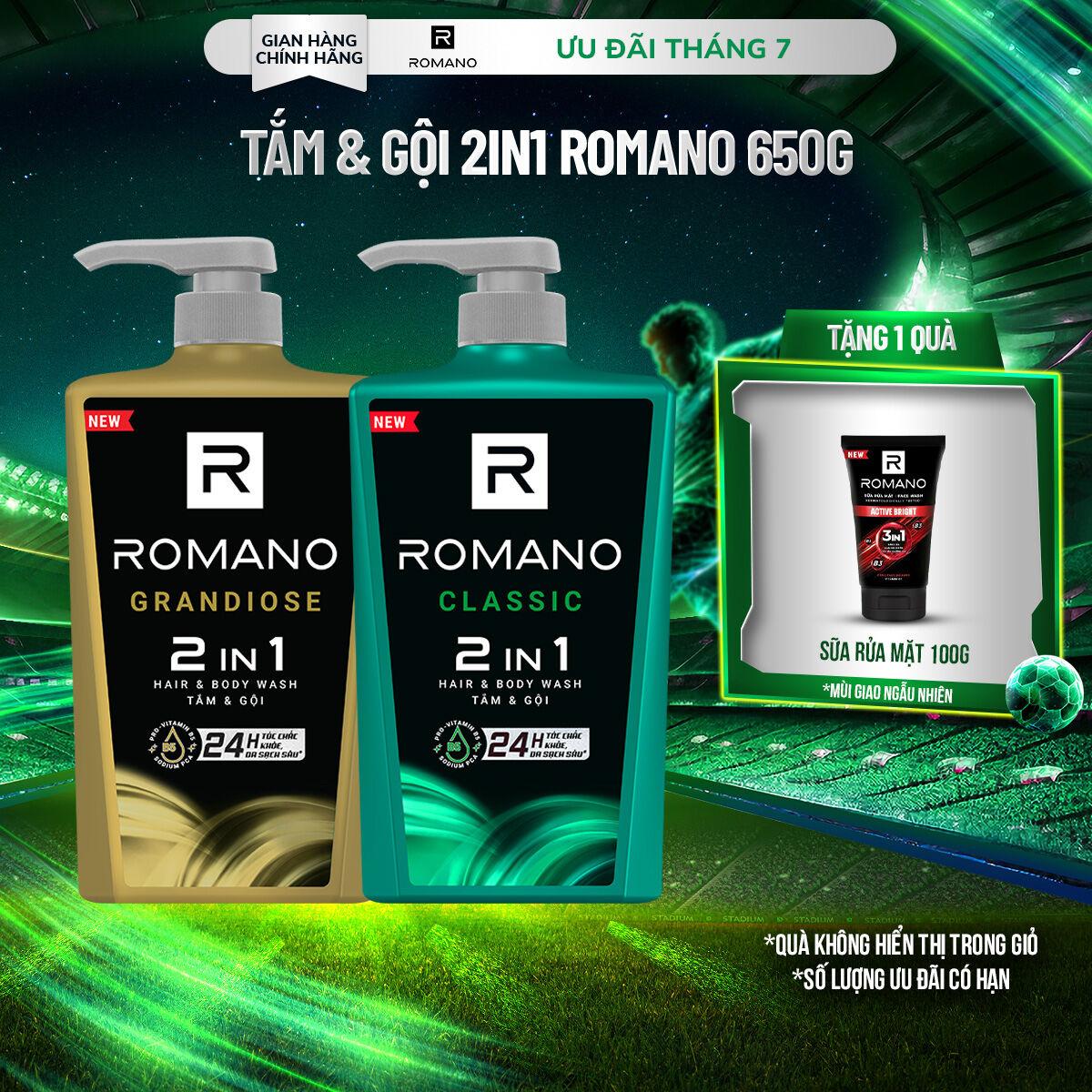 [MUA 1 TẶNG 1] Tắm gội  2in1 Romano Classic/ Grandiose Hương nước hoa 650G TẶNG 1 Sữa rửa mặt 100G