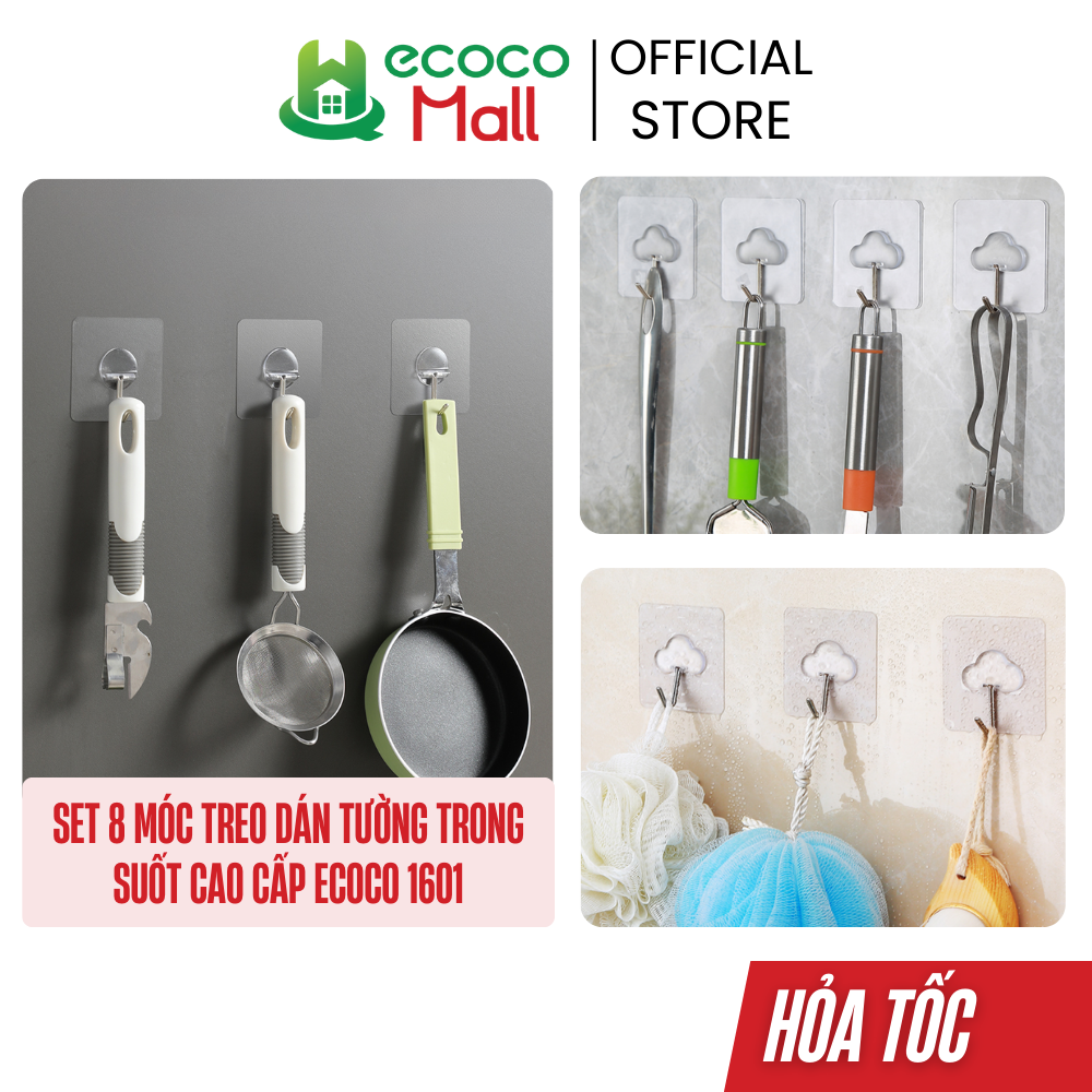  Set 8 móc treo dán tường ECOCO trong suốt cao cấp móc xoay 90 độ đa năng chịu tải cao 1601 
